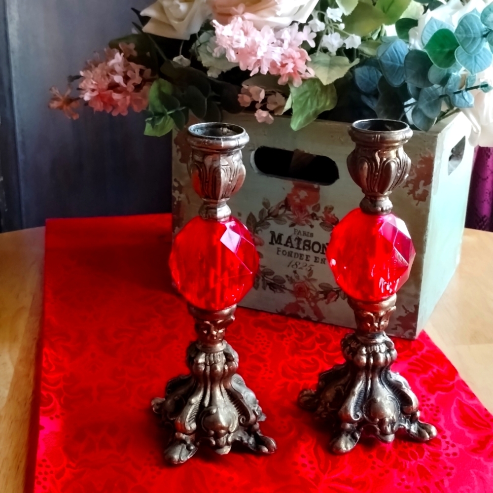 Vintage Pair Hollywood Regency Ruby Red Lucite & Brass Candlestick Holders